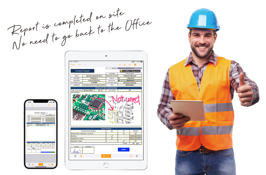 On-site worker completing a report on a tablet with i-Reporter